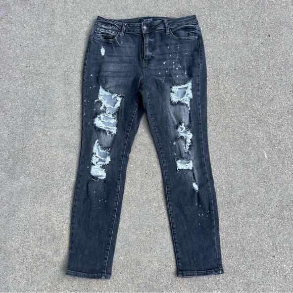 Judy Blue Black Destroyed Distressed Splatter boyfriend fit jeans 11/30 - Picture 1 of 7